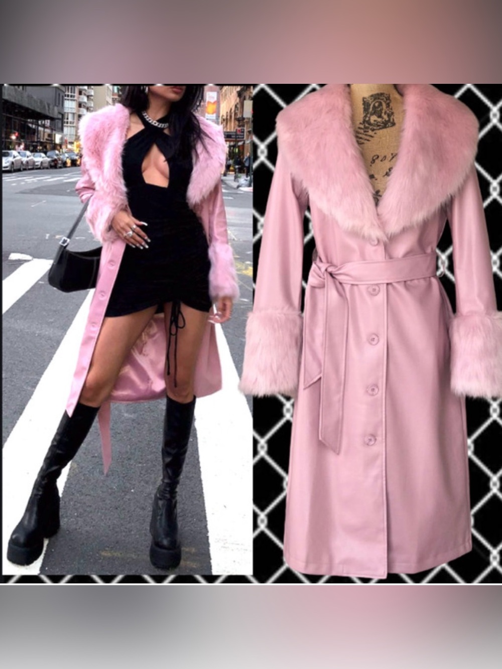 Princess Polly “Alice” Penny Lane Faux Fur Vegan Leather Pink Trench Coat Size 4 - Picture 3 of 10
